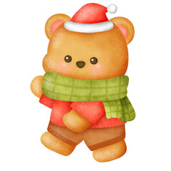 A teddy bear wearing a red sweater and a green scarf is walking on a white background. The bear has a cheerful and playful appearance, which suggests that it is meant to evoke feelings of warmth