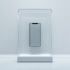 Modern smartphone displayed in a minimalist glass showcase on a clean white surface.