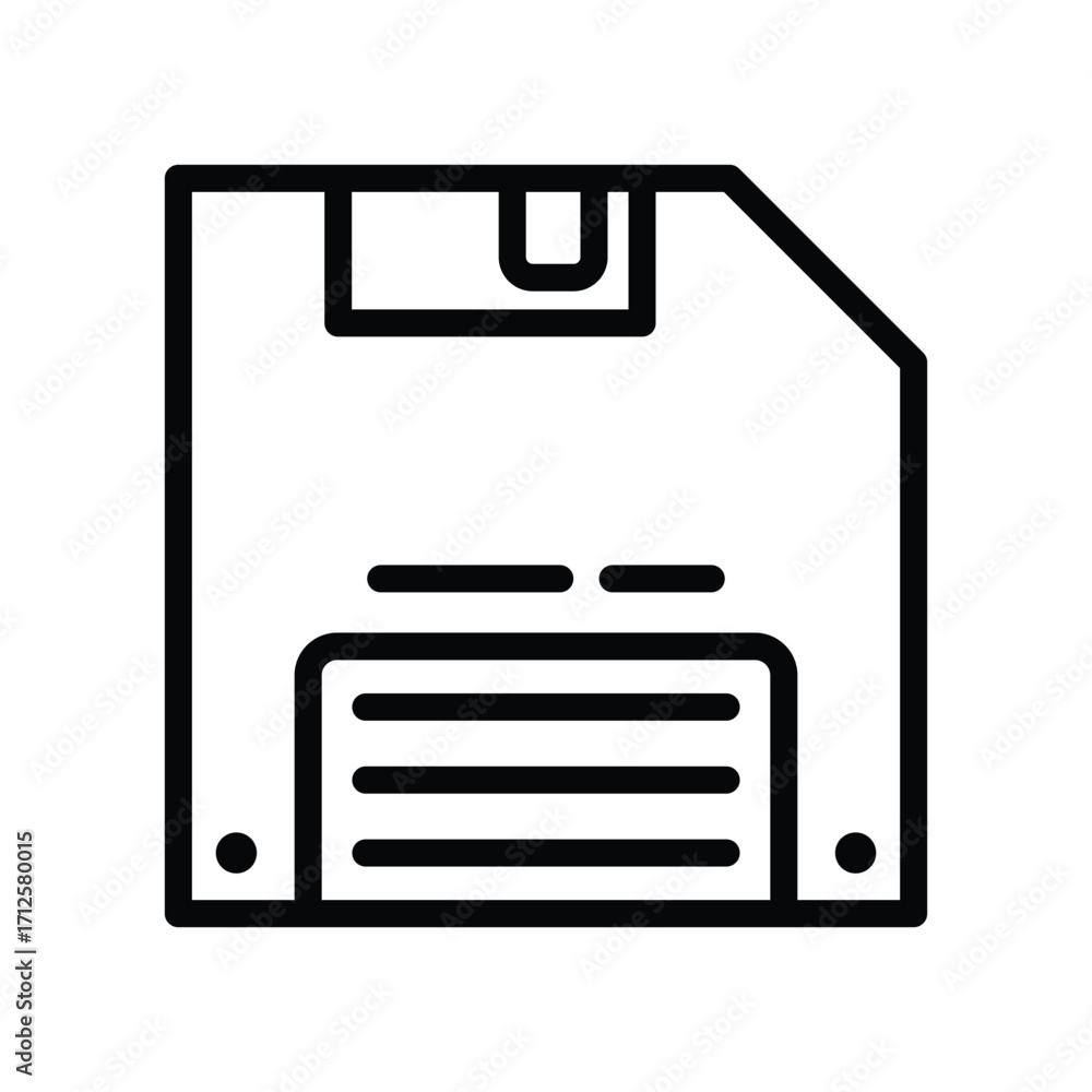 Poster a black outline drawing of a floppy disk featuring horizontal lines and a square notch. line icon. e