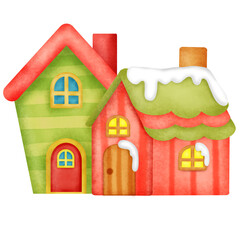 A house with a red door and a green roof. The house is decorated for Christmas. The house is on a white background
