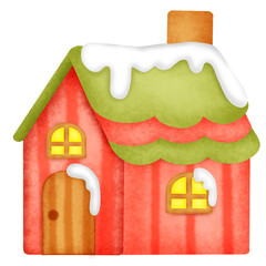 A red house with a green roof and white snow on it. The house is decorated for Christmas