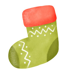 A green and red sock with a red tip. The sock is decorated with white and green stripes