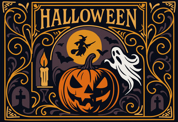 Halloween vector poster. Vintage decorative art deco style