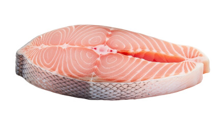Isolated slice of fresh raw salmon fish steak fillet for healthy eating nutrition diet food