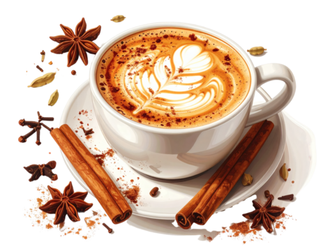Cup of chai latte with latte art foam, surrounded by spice garnish - Powered by Adobe