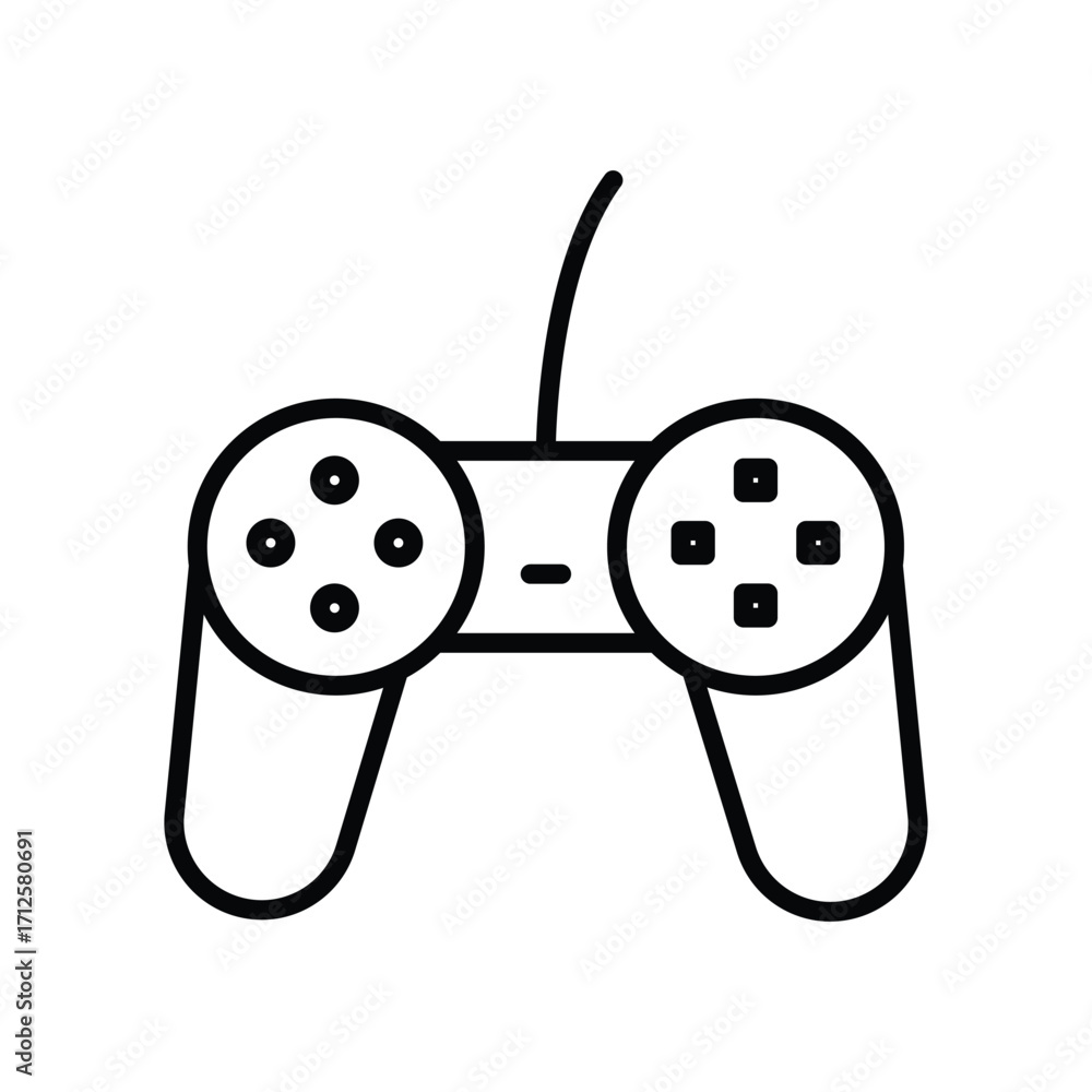 Poster a black white line drawing of a classic gaming controller with circular joysticks a connecting wire 
