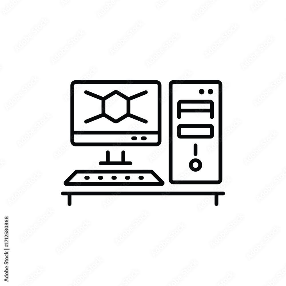 Poster a blackandwhite line art desktop computer including a monitor keyboard and tower case on a table. li