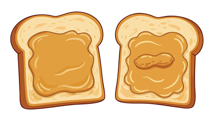 Two slices of bread with peanut butter, one with a peanut.