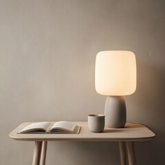 Modern Table Lamp, Open Book, and Ceramic Mug on a Light Wooden Table