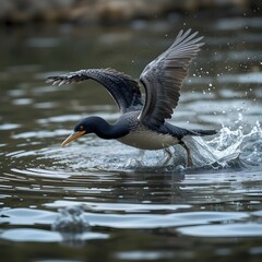 A cormorant bird diving into the river water, wings slightly open, natural ripples and splashes, realistic wildlife photography, ultra realistic, stock photo style