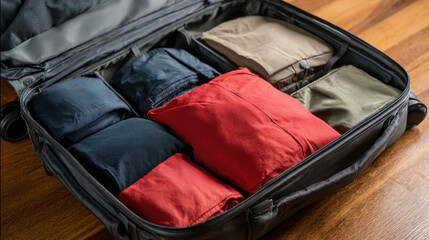 A suitcase packed with clothes, ready for an exciting travel adventure or vacation.