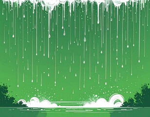 Rain falling from a cloudy sky onto a green landscape