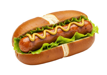 Isolated juicy hot dog in pretzel bun with mustard and lettuce for barbecue picnic meal