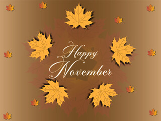Happy November greeting card with autumn leaves on a brown gradient background