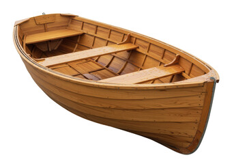 Isolated wooden rowboat, a small open boat propelled by oars used for rowing or transport © Mia