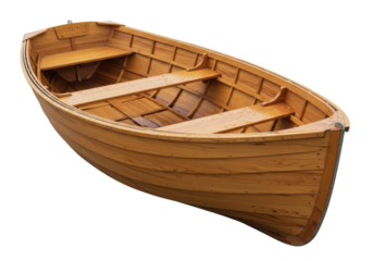 Isolated wooden rowboat, a small open boat propelled by oars used for rowing or transport