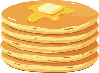 A stack of golden-brown pancakes with a pat of melting butter and sweet syrup drizzling down the sides, ready for breakfast or brunch.