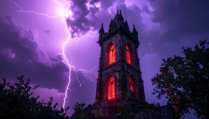 A haunted gothic tower glowing red windows stormy violet background with lightning cracks above

