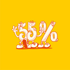 Retro character number 55% for marketing needs, discounts, product ingredients, etc. Cartoon, groovy, vector, editable, best deal, sticker, icon, social media, advertisement, onlineshop, poster