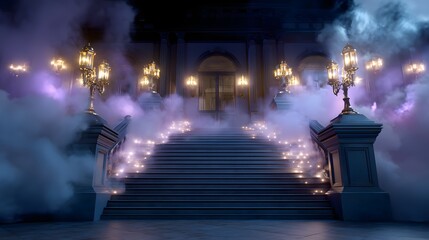 Grand haunted mansion entrance with glowing lanterns and swirling mist under eerie cinematic night sky perfect for Halloween poster or flyer