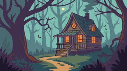 Scary Halloween Background with Haunted House, Forest and Moonlight