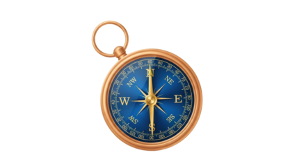 Isolated bronze compass pointing north; vintage navigation direction instrument design