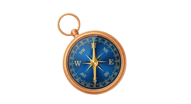 Isolated bronze compass pointing north; vintage navigation direction instrument design - Powered by Adobe