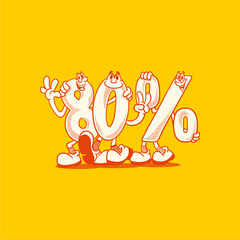 Retro character number 85% for marketing needs, discounts, product ingredients, etc. Cartoon, groovy, vector, editable, best deal, sticker, icon, social media, advertisement, onlineshop, poster