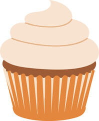A simple illustration of a delicious cupcake with creamy frosting and an orange striped wrapper.