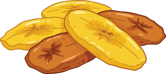 Illustration of a pile of yellow and brown dried banana or plantain chips, a popular tropical snack. © FOOD