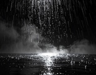 Rain falling on a dark sea at night