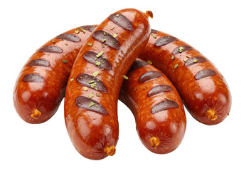 Isolated grilled sausages with herbs – savory meat dish ready to be served for lunch or dinner
