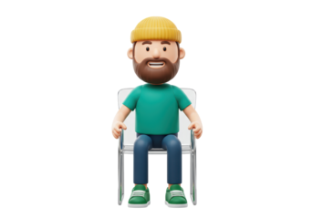 Isolated cartoon bearded man sitting, relaxing in a modern chair, 3D rendering image