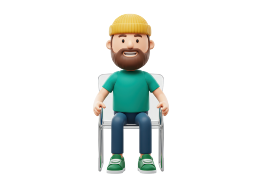 Isolated cartoon bearded man sitting, relaxing in a modern chair, 3D rendering image