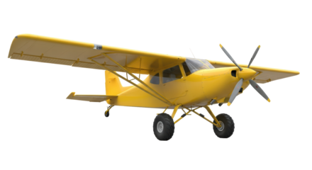 Isolated yellow bush plane with propeller engine, flying machine for hobby or adventure