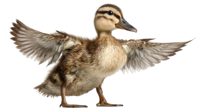 A playful duckling spreading its wings against a white isolated background.