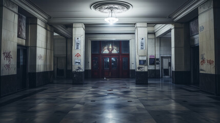 Dimly lit vintage hallway in an old building with marble floors, graffiti on walls, and closed red wooden doors at night.