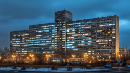 Obraz premium Massive Soviet-era apartment block at dusk with glowing windows and snowy foreground under a moody blue sky.