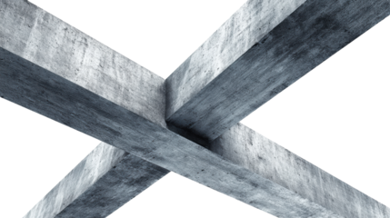 Abstract view of intersecting concrete beams on a white isolated background.