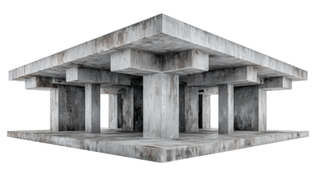Abstract concrete structure with symmetrical pillars and beams, white isolate background.