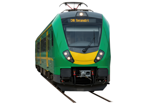 Isolated train front view, transport technology, modern rail coach, urban commuter vehicle