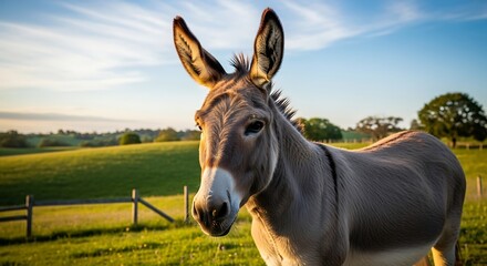 Donkey in a Green Pasture at Sunset.