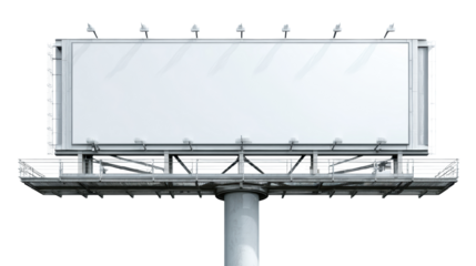 Blank billboard on a pole, ideal for advertising, isolated on a white background.