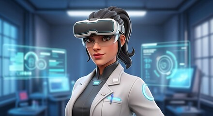 Female scientist wearing VR headset in futuristic laboratory environment.