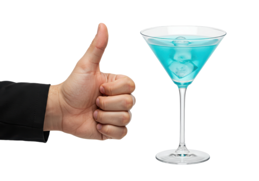 Isolated hand giving thumbs up beside a martini glass filled with turquoise liquid drink