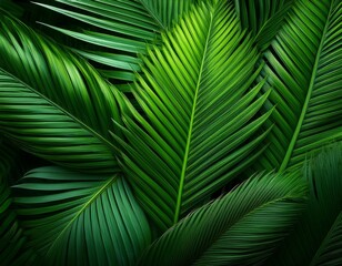 lush green palm leaves create a vibrant and dense texture showcasing their elongated fronds against a dark background emphasizing their tropical beauty
