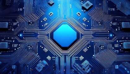 blue circuit board with central processor