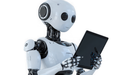 White robot using a tablet with a smile against a black studio background view