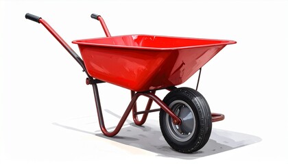 A red wheelbarrow with a single black wheel stands on a stained surface&mdash;evoking labor, balance, and the quiet strength of manual effort in gardening, construction, or outdoor ritual.