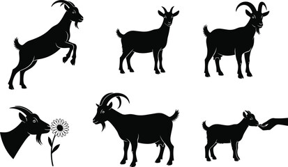 Goat silhouette vector set, farm animal poses, black goat illustration, feeding and standing goats, livestock behavior, rearing goat clipart,